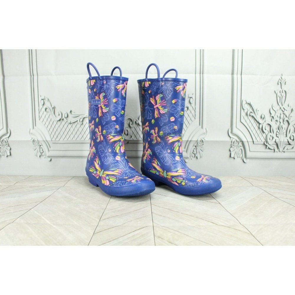 LL Bean Wellies Blue Butterfly Waterproof Rain Boots Size 3 - Picture 3 of 10